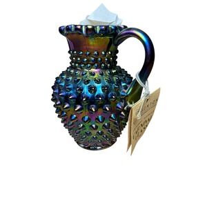 Fenton Carnival Glass Hobnail Pitcher Iridescent Blue Green Ruffled Rim USA Made